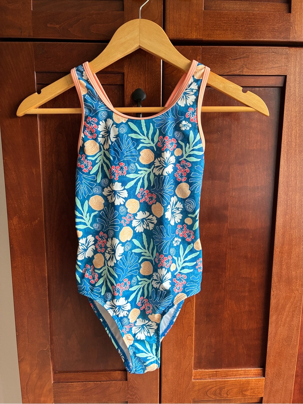 L.L. Bean Girls' Blue Floral One-Piece Swimsuit with Peach Trim